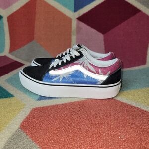 Vans‎ Old Skool Stacked Glitter Palm Tree Platform Sneakers Black Pink Blue